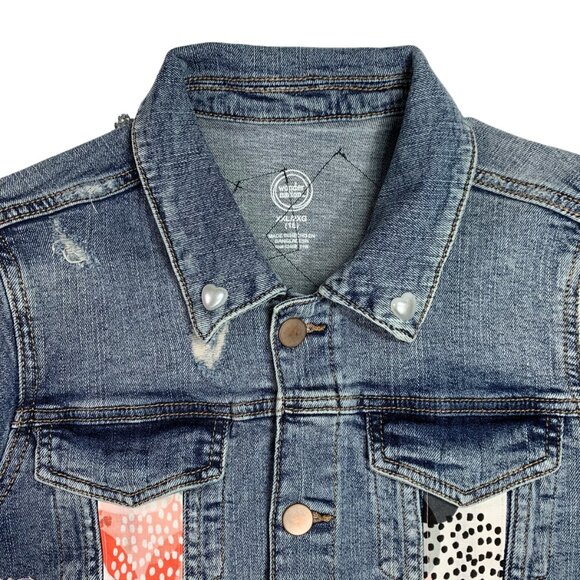 Wonder Nation Denim Jacket Pink Black Lace Polka Dot Pearl Heart Trucker XXL - Picture 3 of 13